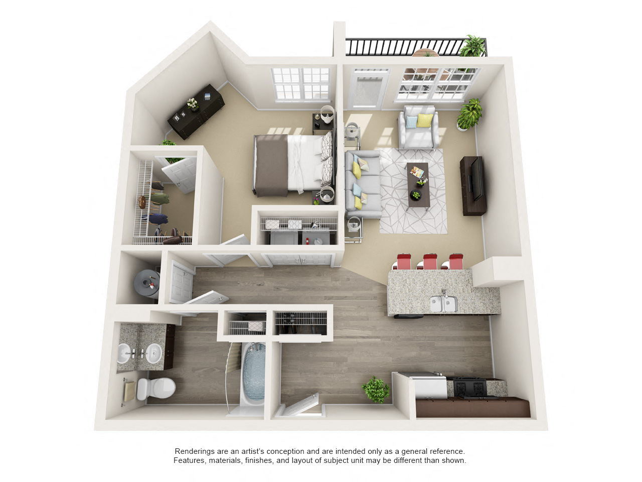 Floor plan for 1 bed, 1 bath, 724 sqft